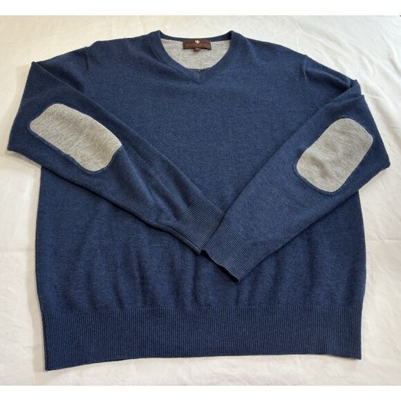 Toscano Men’s Sz M Sweater Merino Wool Blend V-neck Blue Gray Elbow Patch Preppy - Picture 1 of 8